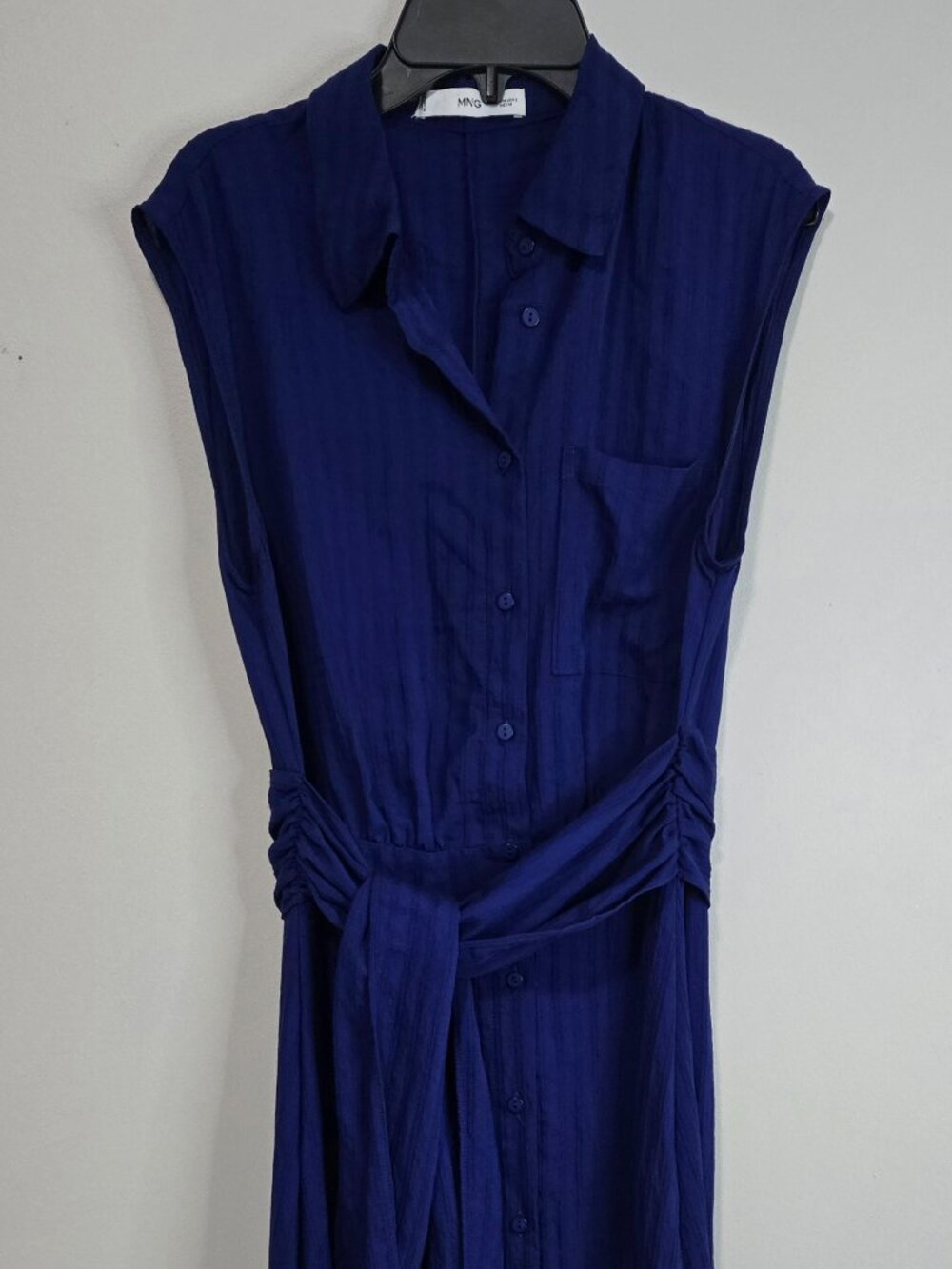 MNG women's medium royal blue sleeveless button down dress belted